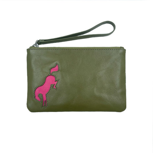 Small Leather Pouch with Bucking Horse - Green & Pink